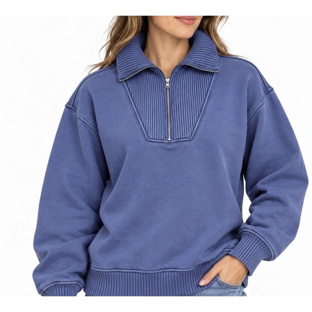 Aerie Blue Quarter Zip Ribbed Collar French Terry Sweatshirt Womens S